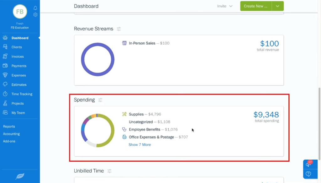 Freshbooks dashboard Spending