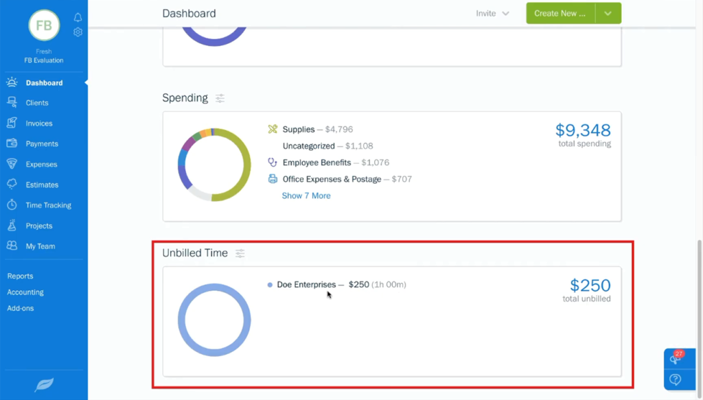 Freshbooks dashboard Unbilled Time