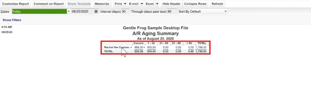 A/R Aging Summary report in Quickbooks Desktop