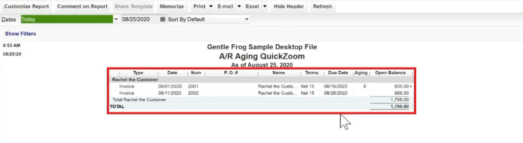 A/R Aging Summary report details in Quickbooks Desktop