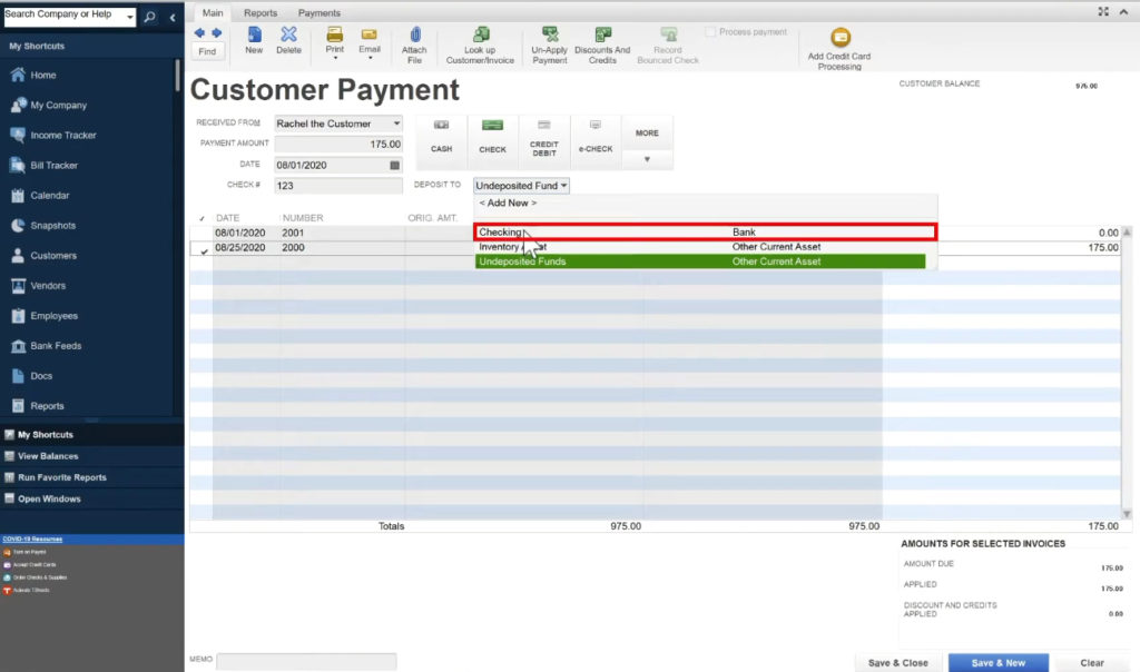 DEPOSIT TO field in QuickBooks Desktop when creating a customer payment