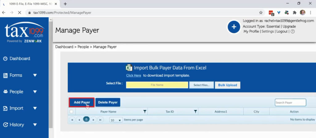 Add payer in Tax1099 from the Manage Payer screen.