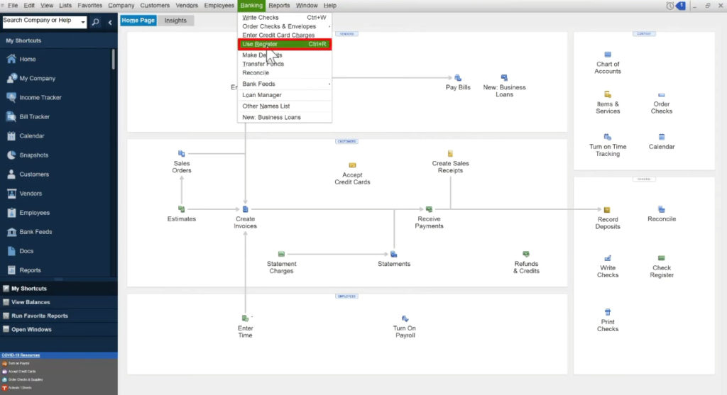 QuickBooks Desktop menu Banking -> Use Register