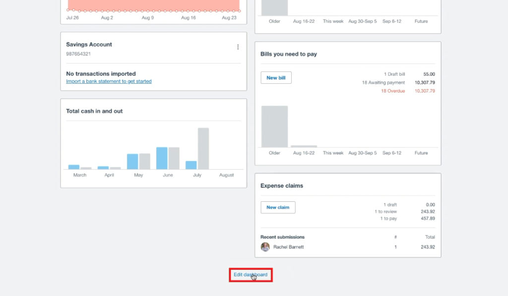 Edit dashboard link at the bottom of the Xero dashboard.