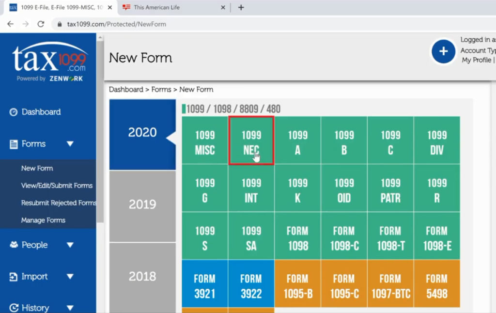 Tax 1099 selecting the form you want to create.