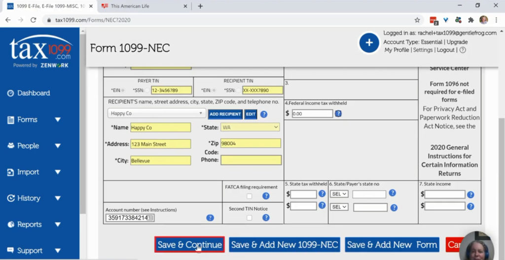 Saving a 1099-NEC in Tax1099