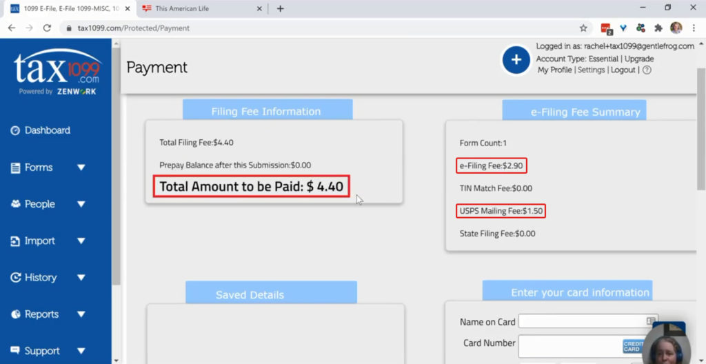 Payment amount for sending a 1099-NEC in Tax1099