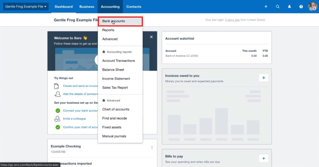 Navigating to the Bank Accounts option in the main menu of Xero
