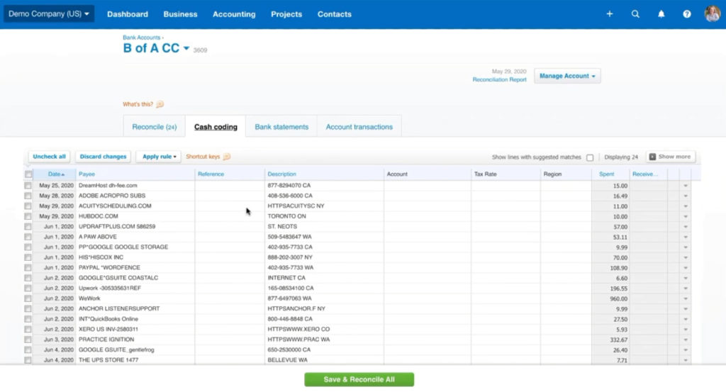 Cash Coding tab in Xero with list of transactions