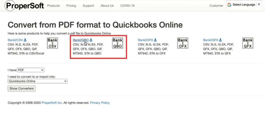 Convert from PDF format to QuickBooks Online converter selection in ProperSoft