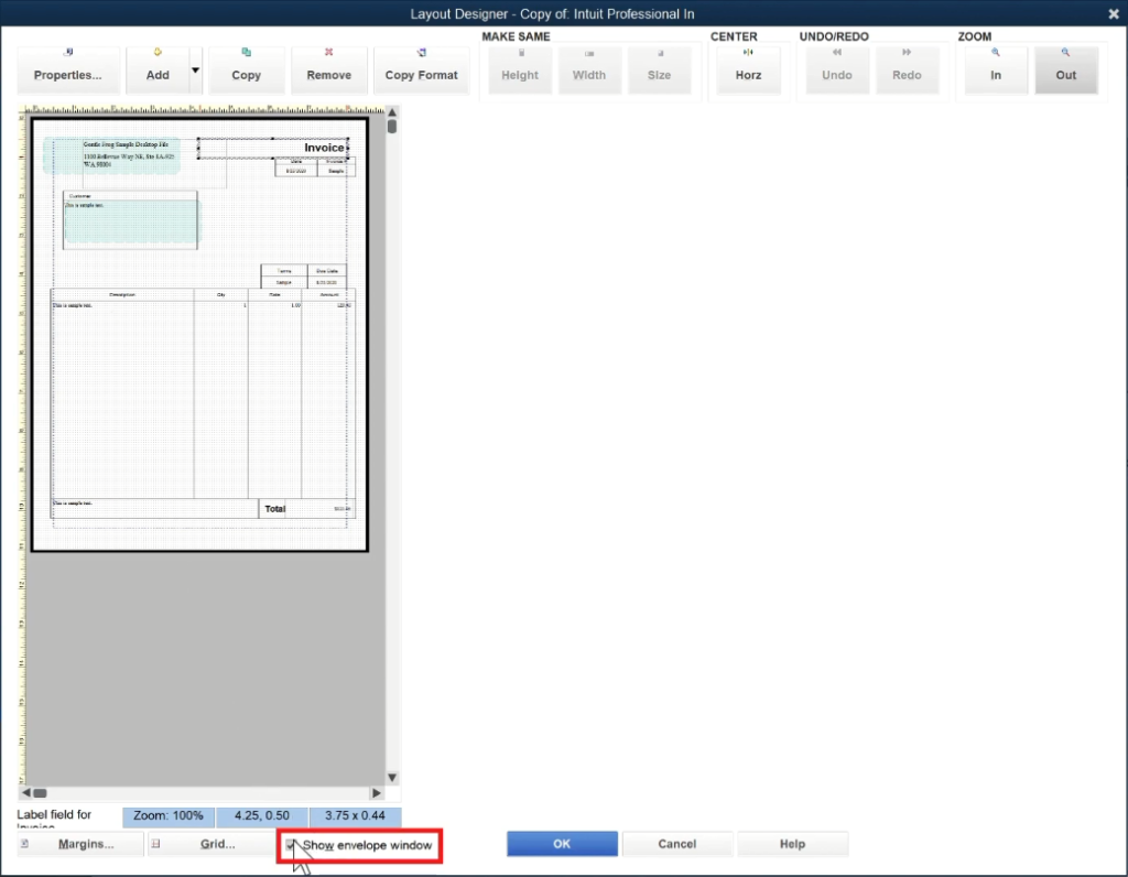 QuickBooks Premier invoice Layout Designer Show envelope window option.