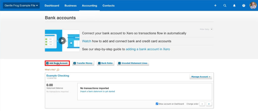 Add Bank Account button in Xero