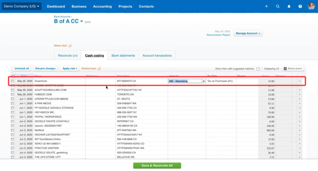 Reconciling transactions in Xero on the Cash Coding tab