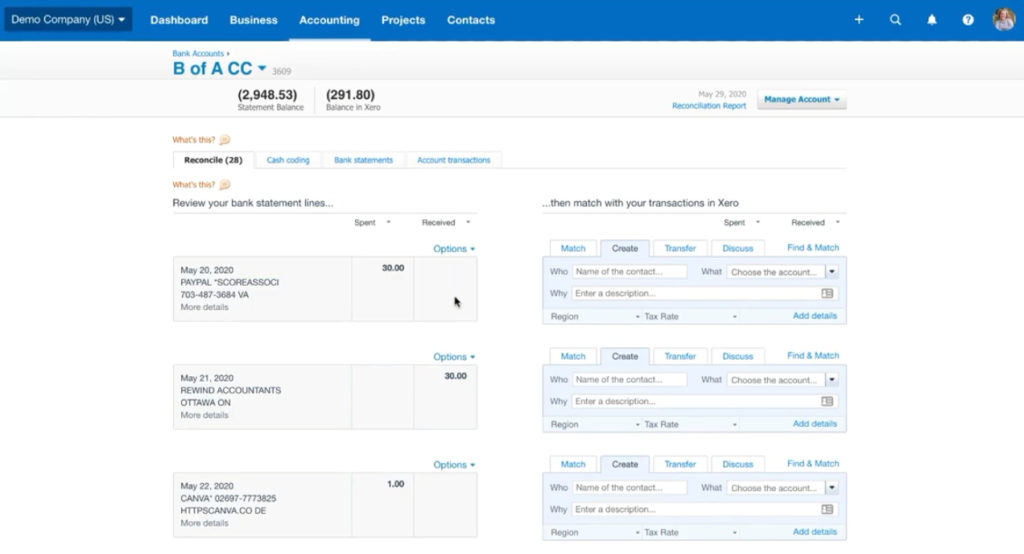 Reconciling a bank account in Xero