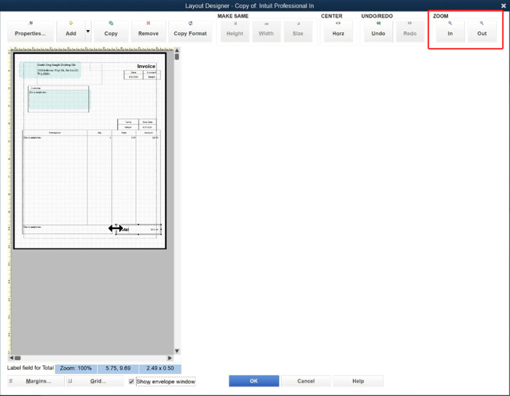 QuickBooks Premier Layout Designer resizing a box and zoom.