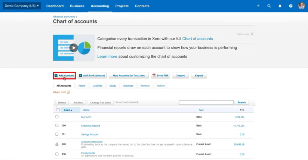 Add Account button in Xero's Chart of Accounts