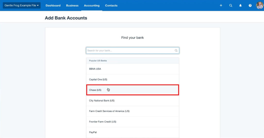 Select your bank when adding a bank account to Xero.