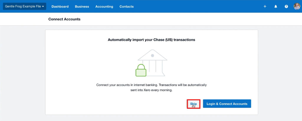 Skip connect your bank account in Xero