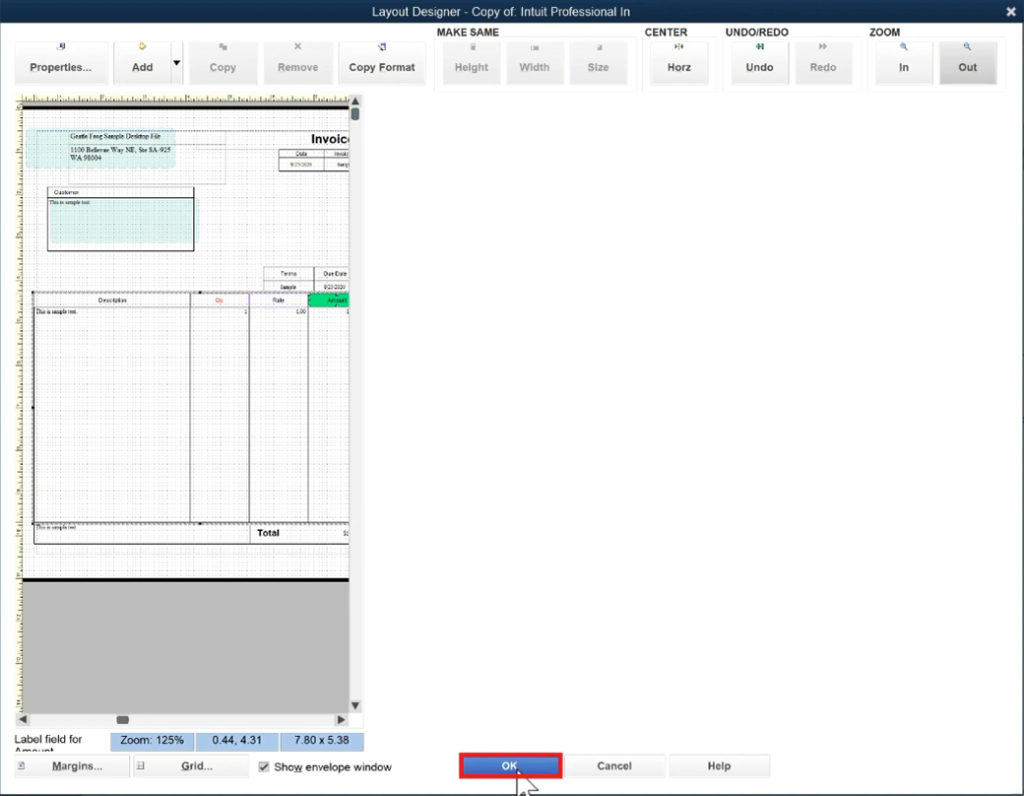 When you've finished editing your invoice layout in QuickBooks Premier click the blue OK button at the bottom of the Layout Designer screen.