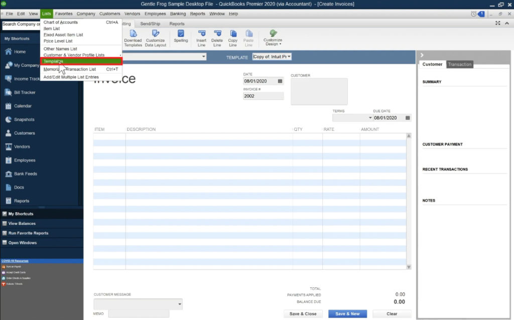 Selecting Lists -> Templates from the main menu in QuickBooks Premier.