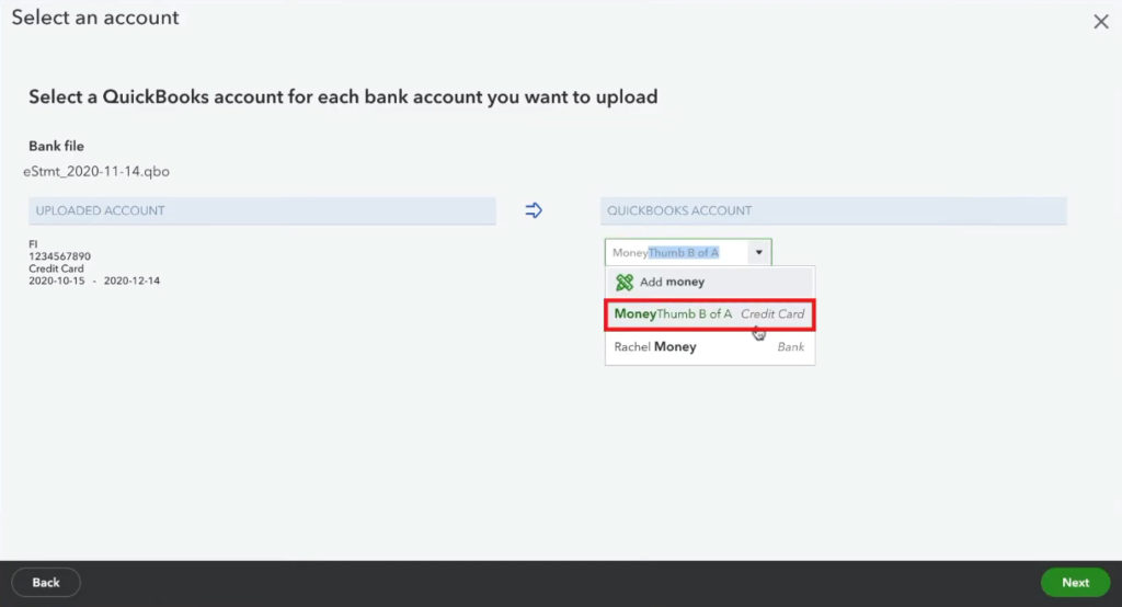 Selecting which account to upload qbo data into in QuickBooks Online