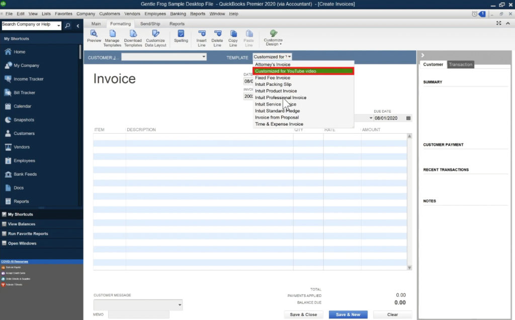 Selecting your new custom template from the invoice creation screen in QuickBooks Premier.