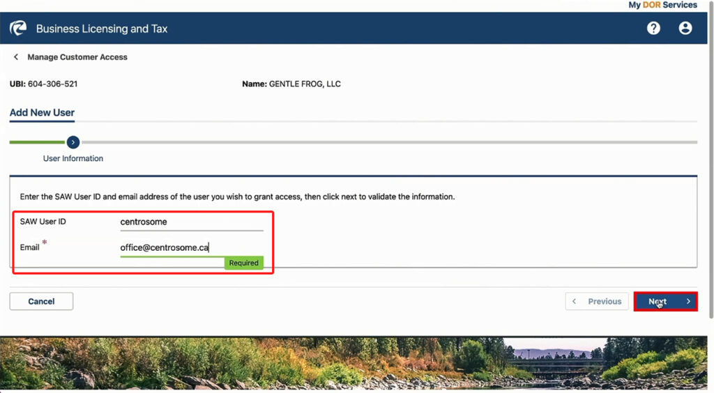 Entering Centrosome's SAW ID and email into WA DOR website
