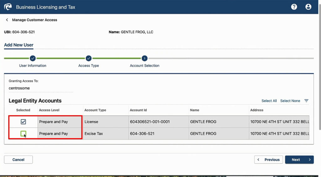 Legal Entity Accounts in WA DOR website