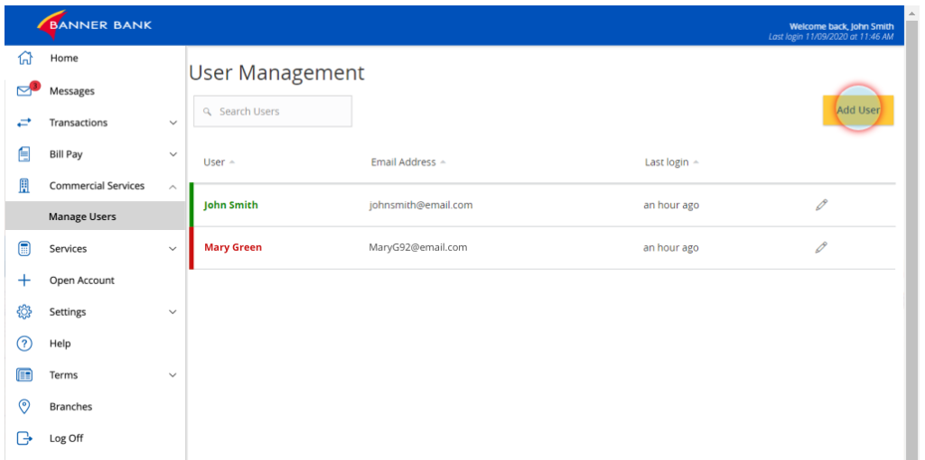 Banner Bank user management screen