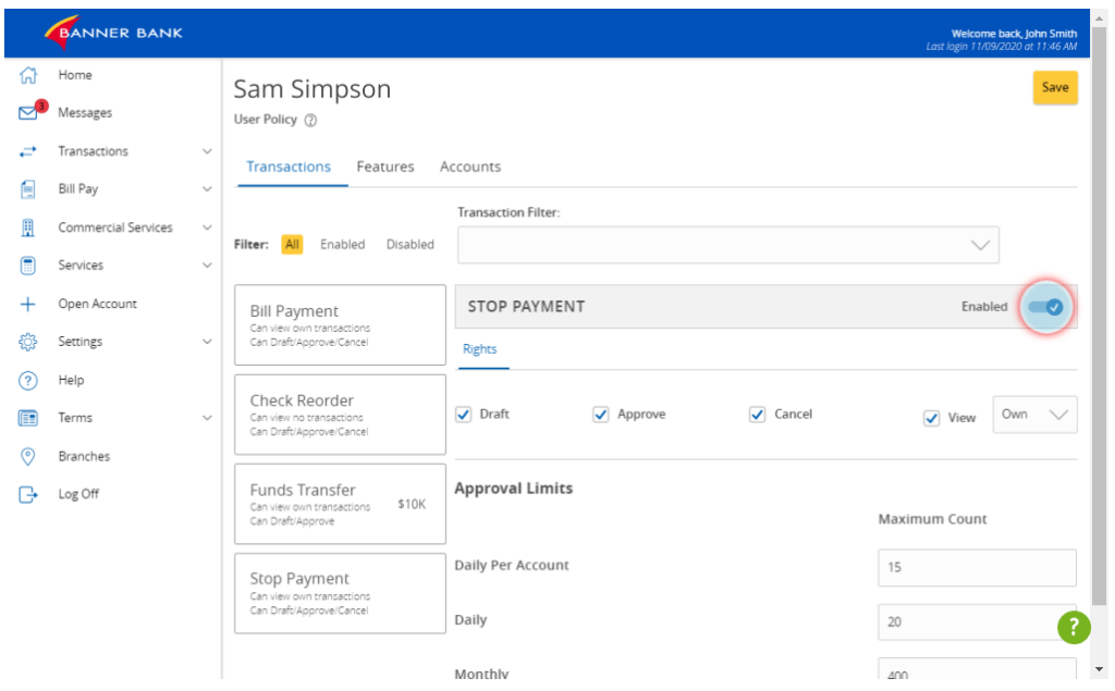 Banner Bank managing users Transaction Tab