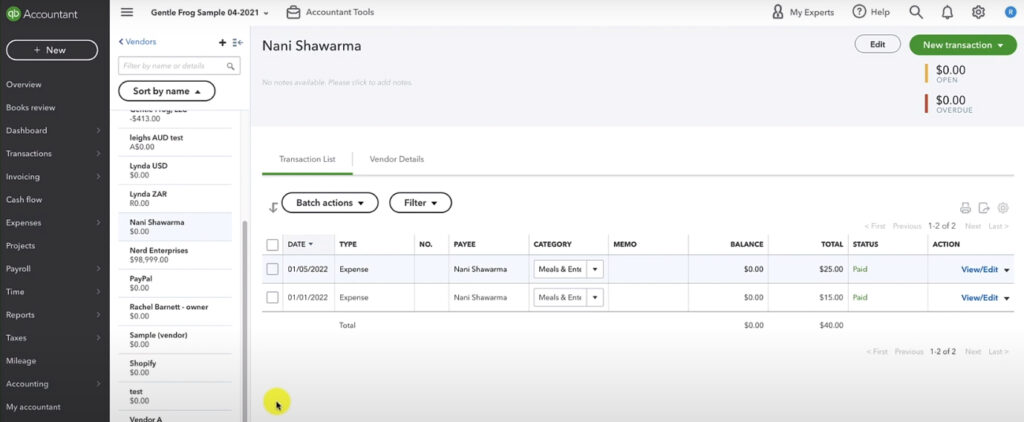 Checking a payee in QuickBooks added using the AutoReview app