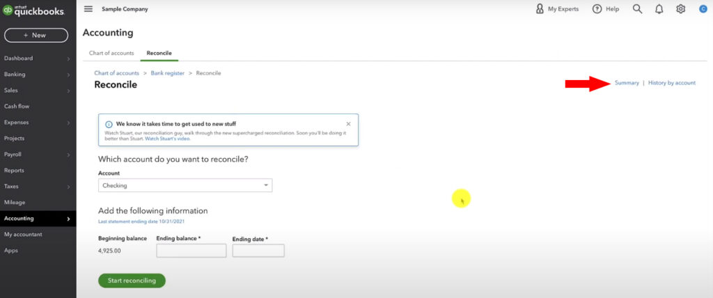Reconcile summary link in QuickBooks Online