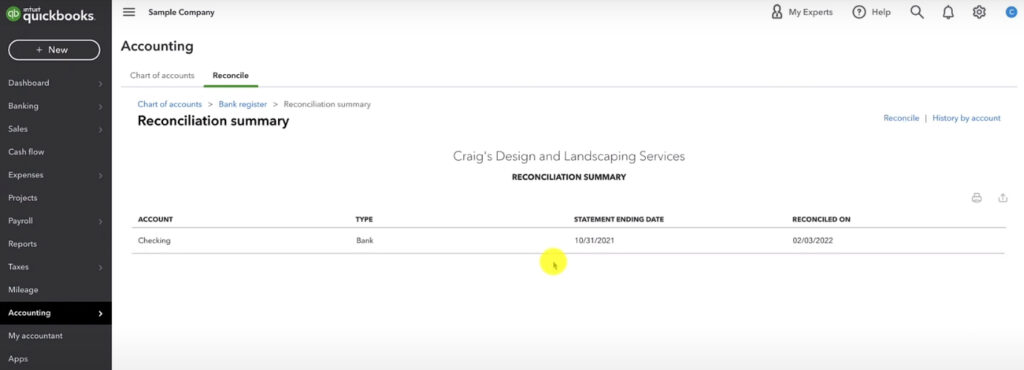 Reconciliation summary in QuickBooks Online