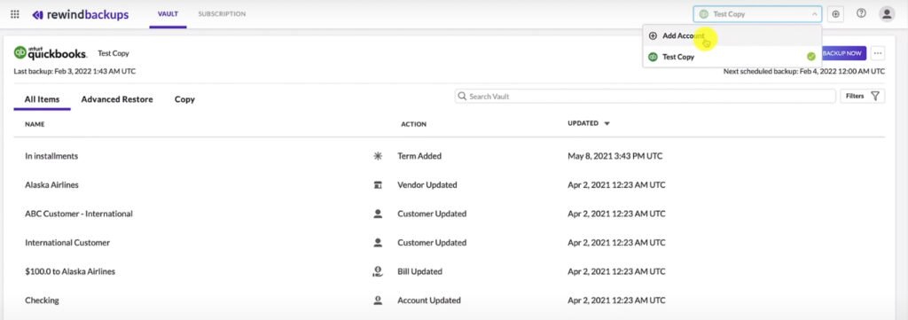 Adding a QuickBooks Online account to the Rewind app