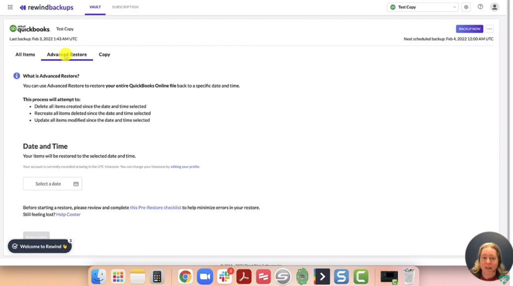 Rewind QuickBooks Online backup app user interface Advanced Restore tab
