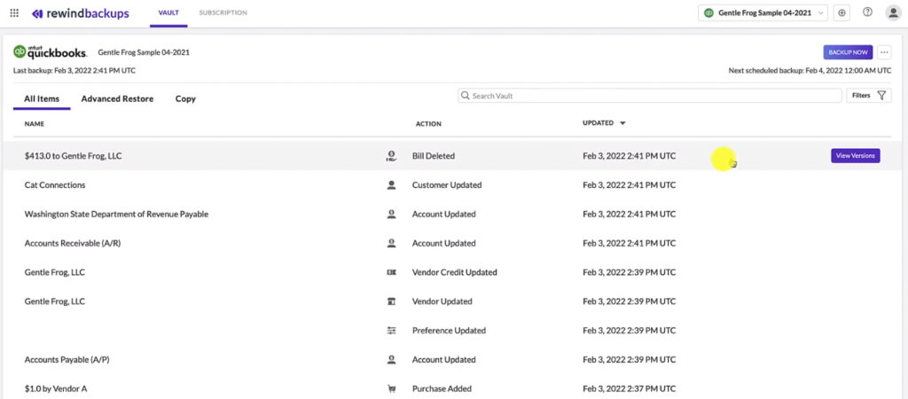 Viewing a deleted QuickBooks Online invoice in the Rewind backup App