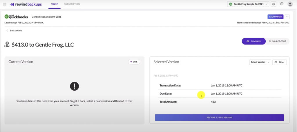 Rewind app QuickBooks Online item version history screen