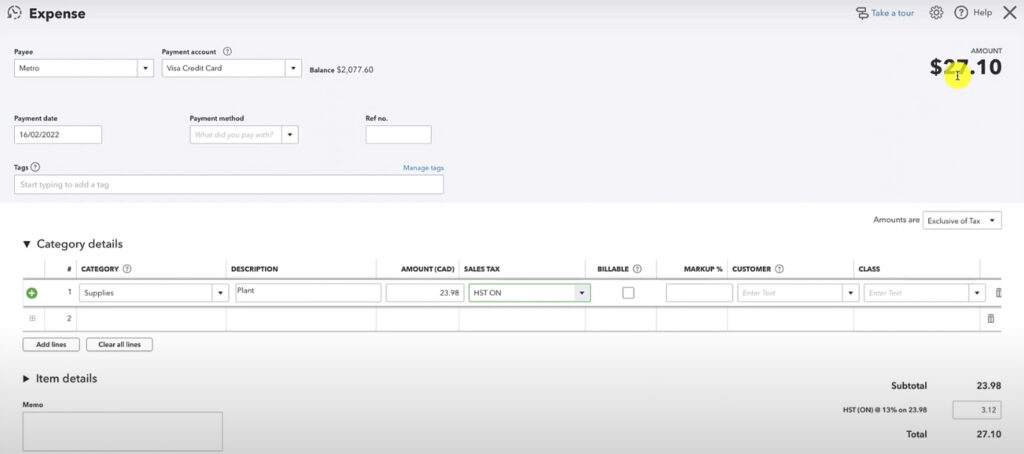 Manually entering a receipt as an expense in QuickBooks Canada