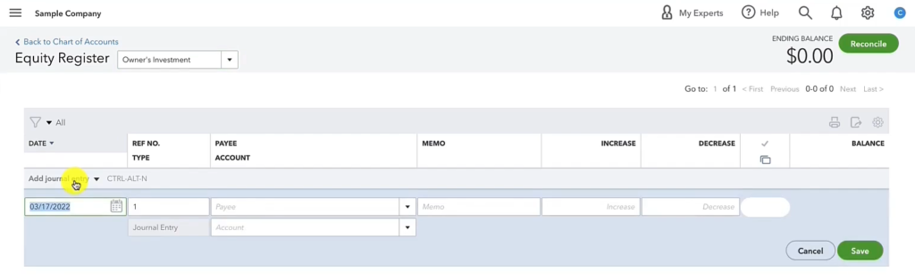 Adding a Journal Entry to the Equity Register in QuickBooks Online