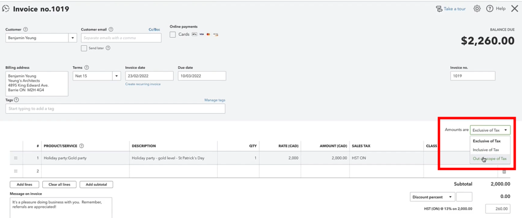"Amounts are" drop-down in a QBO Canada invoice