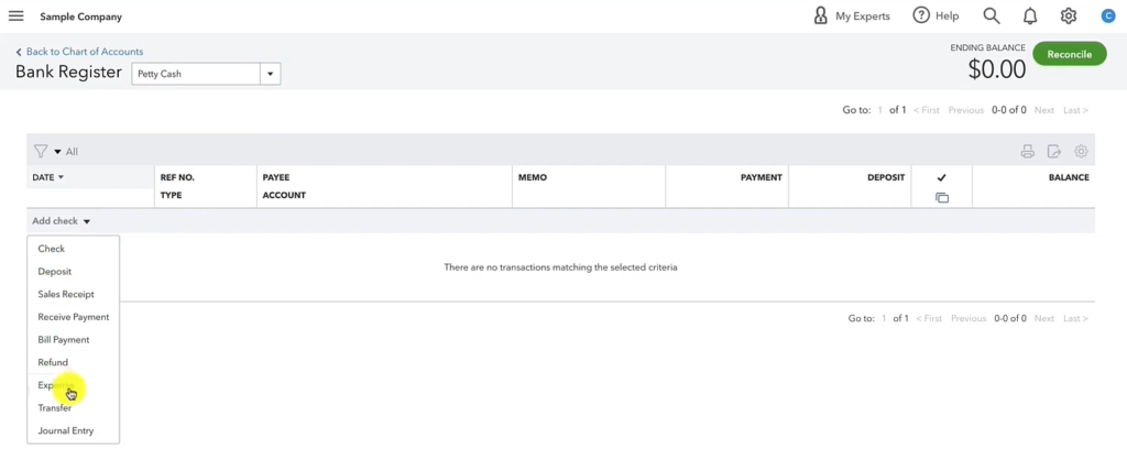 Adding an expense to an account in the Bank Register in QuickBooks Online