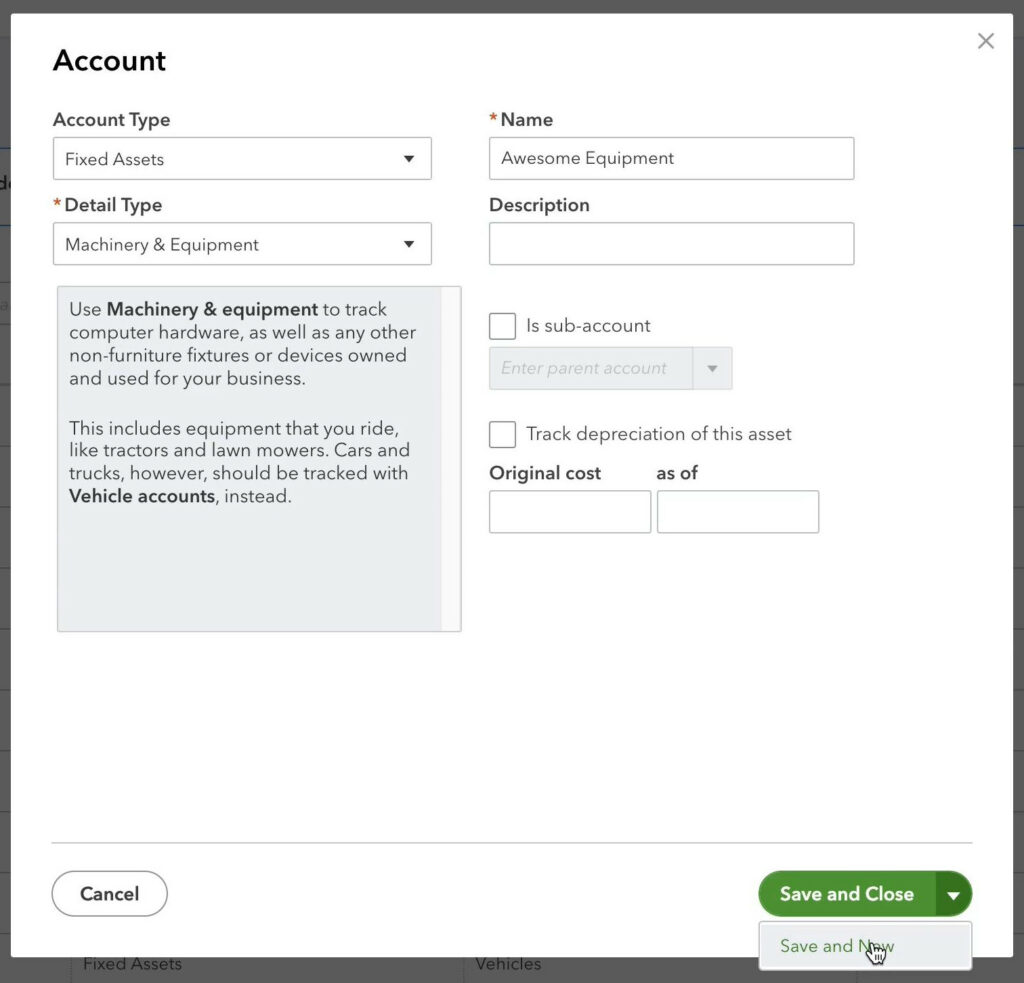 Creating a Fixed Asset account for the purchase of equipment in QuickBooks Online