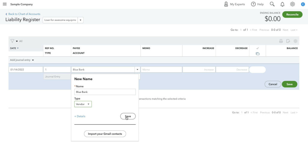 Add a new Vendor while adding a Journal Entry in QuickBooks Online