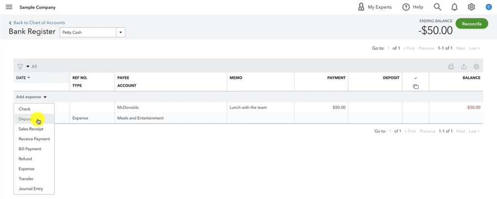 Creating a Deposit in the Bank Register in QuickBooks Online