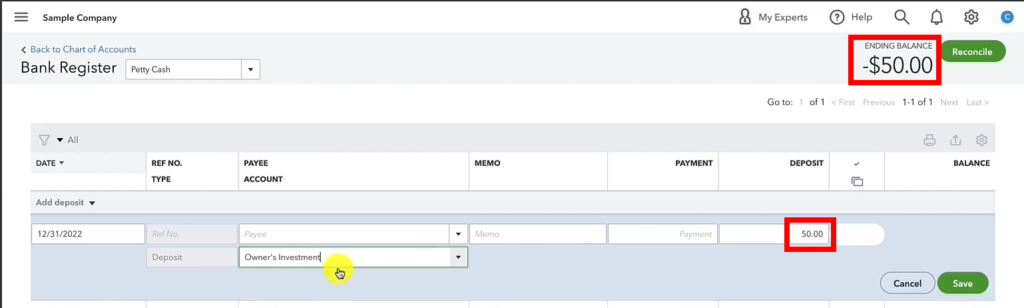 Deposit into Owner's Investment for a Petty Cash account in QuickBooks Online
