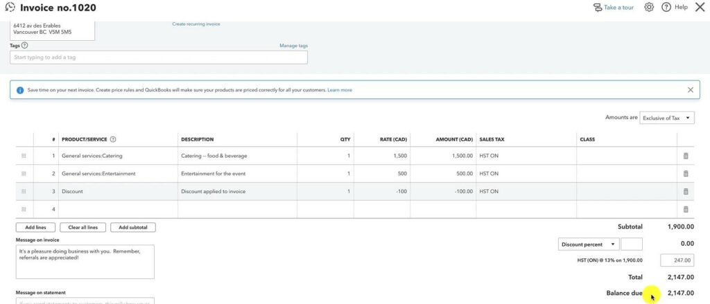 A discount as a service added to an invoice