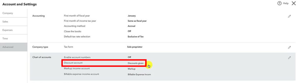 Discount account in the settings in QuickBooks Canada