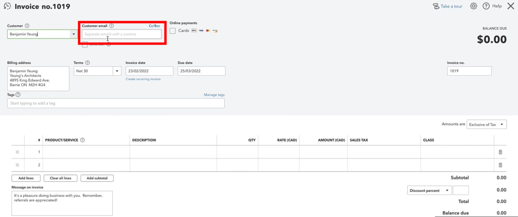 Customer email in a QuickBooks Canada invoice
