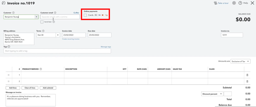 Online payments selection in an invoice in QuickBooks Canada