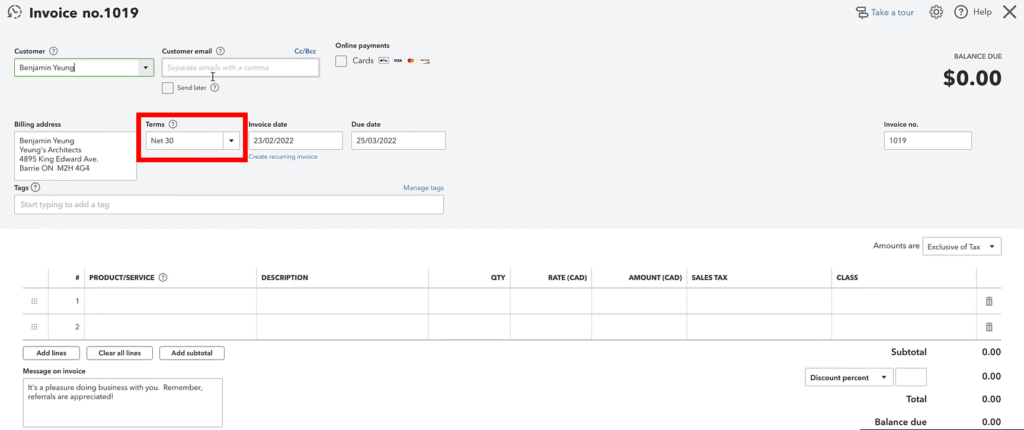 Terms selection in an invoice in QuickBooks Canada